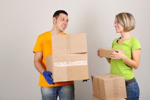 Packed office equipment prepared for relocation in Brockley